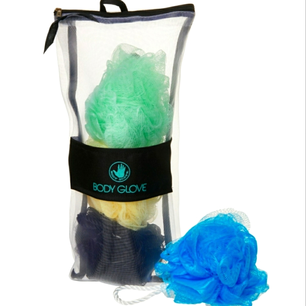 Shower Pouf loofah 4-Pack plush mesh storage bag. Shower sponges.